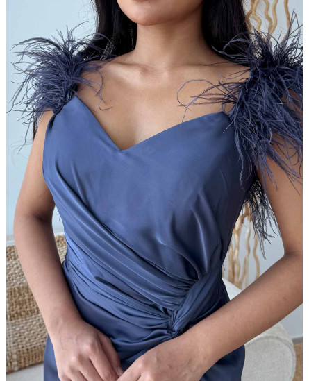 Shoulder Feathers Gown Dress - Teal