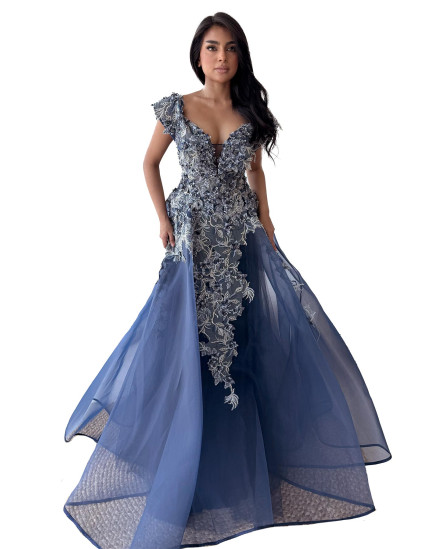 Crepe Dress with Lace Patch work gown - Blue