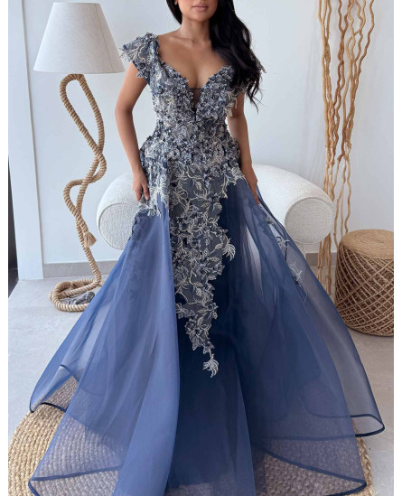 Crepe Dress with Lace Patch work gown - Blue