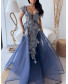 Crepe Dress with Lace Patch work gown - Blue