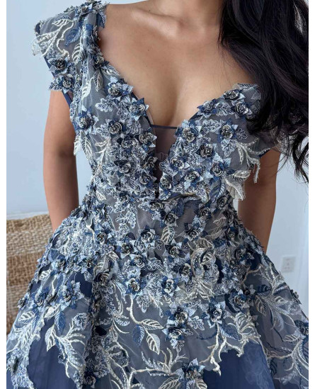 Crepe Dress with Lace Patch work gown - Blue