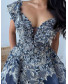 Crepe Dress with Lace Patch work gown - Blue