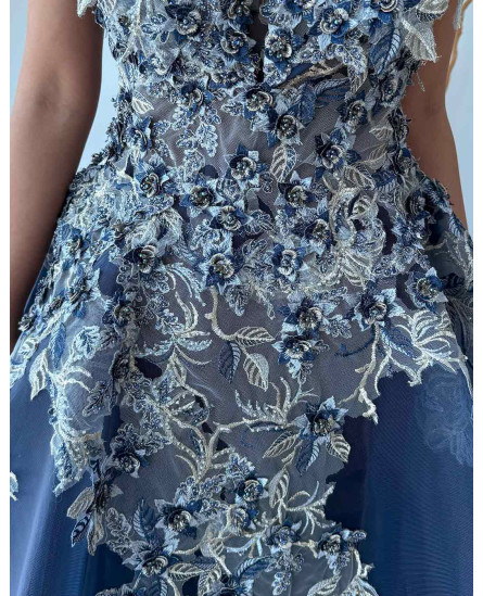 Crepe Dress with Lace Patch work gown - Blue