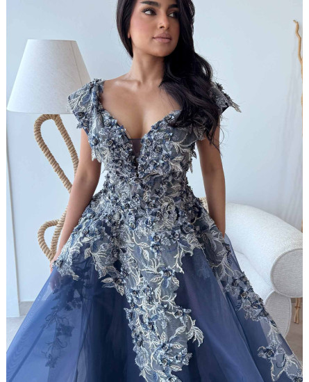 Crepe Dress with Lace Patch work gown - Blue
