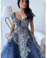 Crepe Dress with Lace Patch work gown - Blue