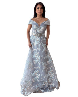 Off Shoulder Floral Dress with belt - Self Teal