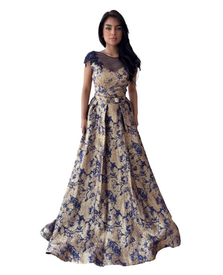 Vintage Blossom Jacquard Evening Dress - Navy