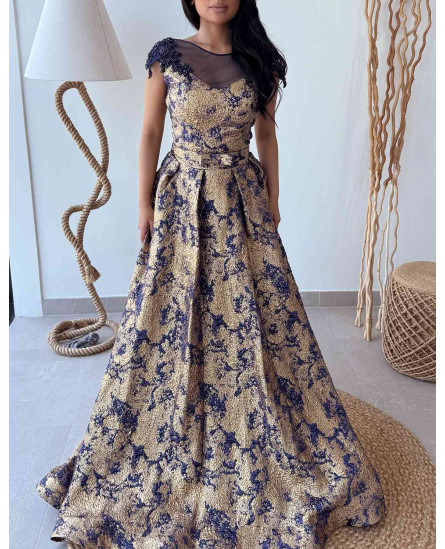 Vintage Blossom Jacquard Evening Dress - Navy
