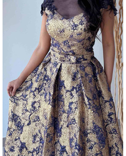 Vintage Blossom Jacquard Evening Dress - Navy