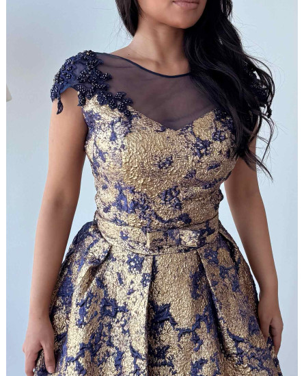 Vintage Blossom Jacquard Evening Dress - Navy