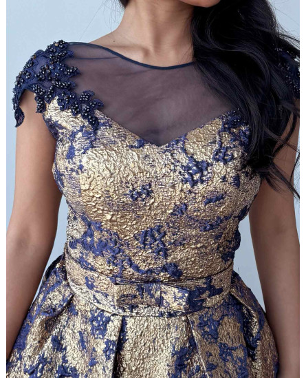 Vintage Blossom Jacquard Evening Dress - Navy