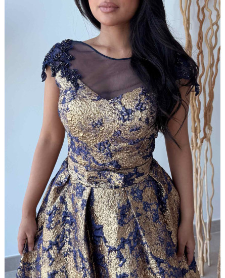 Vintage Blossom Jacquard Evening Dress - Navy