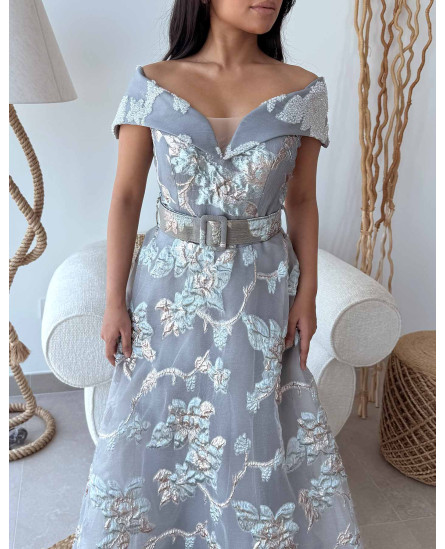 Off Shoulder Floral Dress with belt - Self Teal