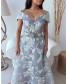 Off Shoulder Floral Dress with belt - Self Teal