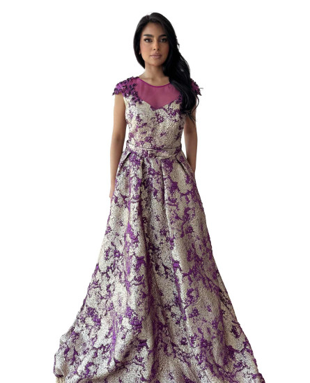 Vintage Blossom Jacquard Evening Dress - Voilet