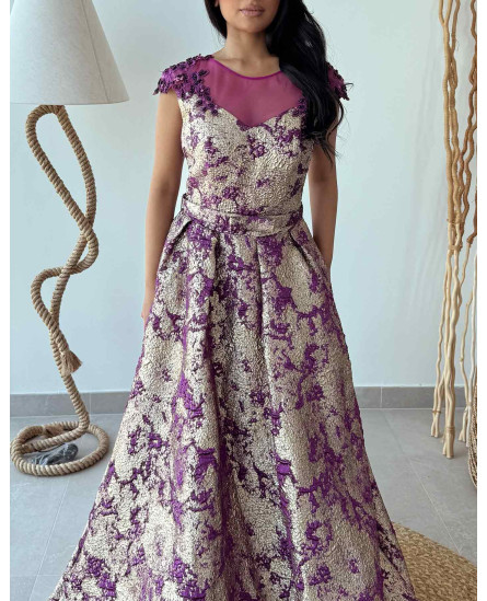 Vintage Blossom Jacquard Evening Dress - Voilet