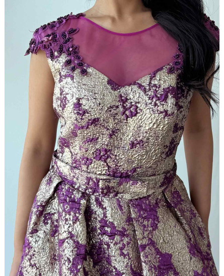Vintage Blossom Jacquard Evening Dress - Voilet