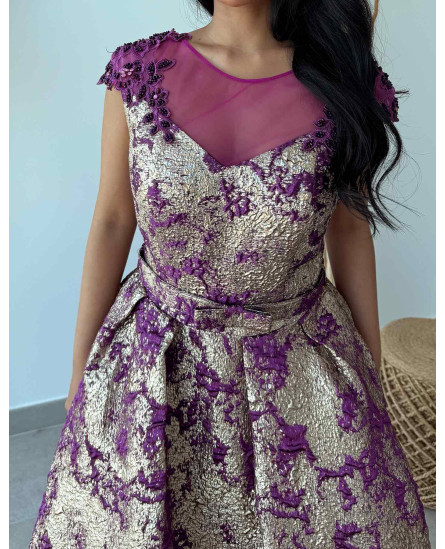 Vintage Blossom Jacquard Evening Dress - Voilet