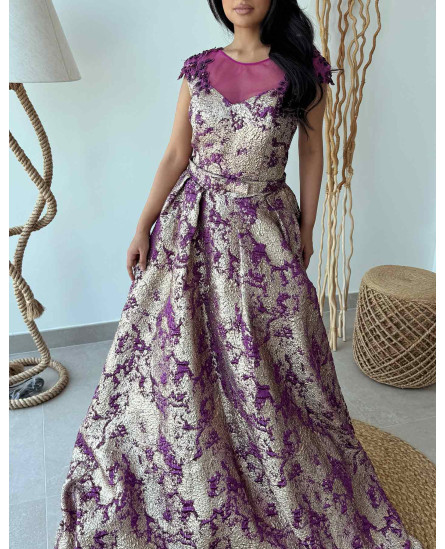 Vintage Blossom Jacquard Evening Dress - Voilet