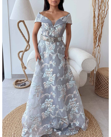 Embellished Off Shoulder Dress - Self Floral Grey