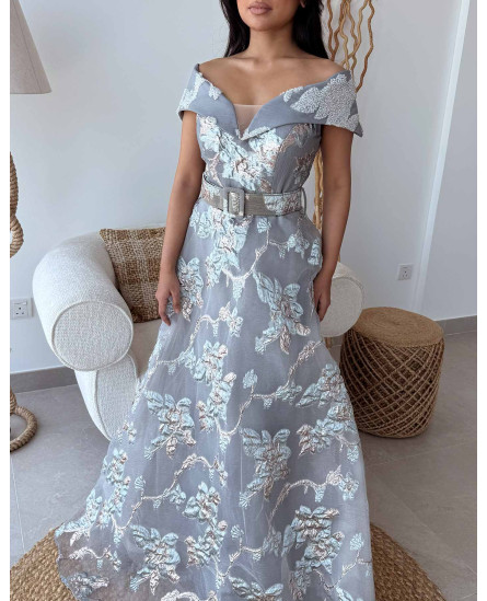 Embellished Off Shoulder Dress - Self Floral Grey