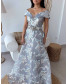 Embellished Off Shoulder Dress - Self Floral Grey