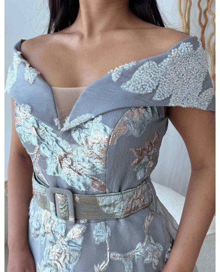 Embellished Off Shoulder Dress - Self Floral Grey