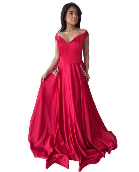 Red Gown with Pocket Stone Work