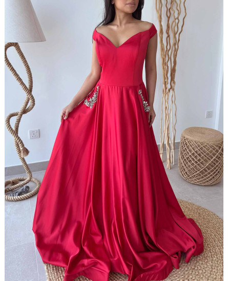 Red Gown with Pocket Stone Work