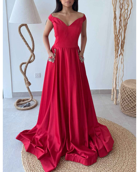 Red Gown with Pocket Stone Work