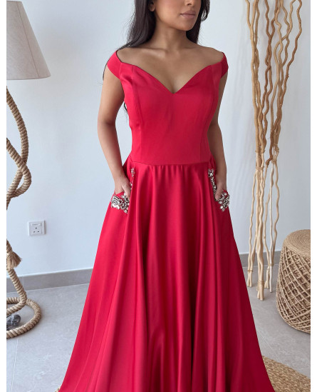 Red Gown with Pocket Stone Work