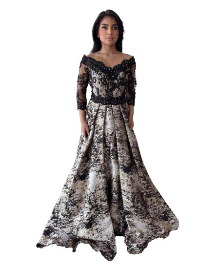 3D Floral Fitted Off Shoulder Gown - Black with Ash