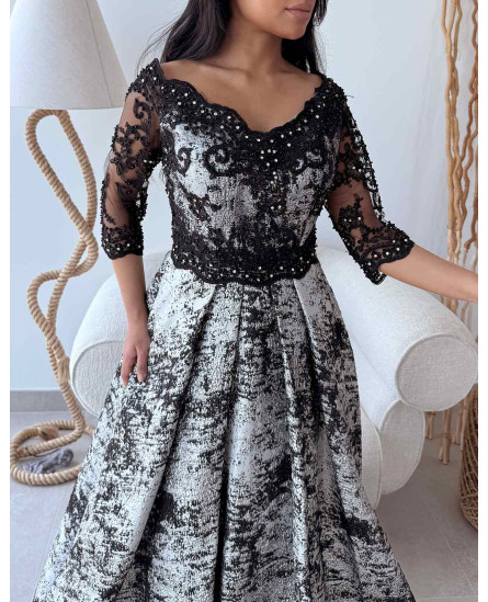 3D Floral Fitted Off Shoulder Gown - Black with Ash