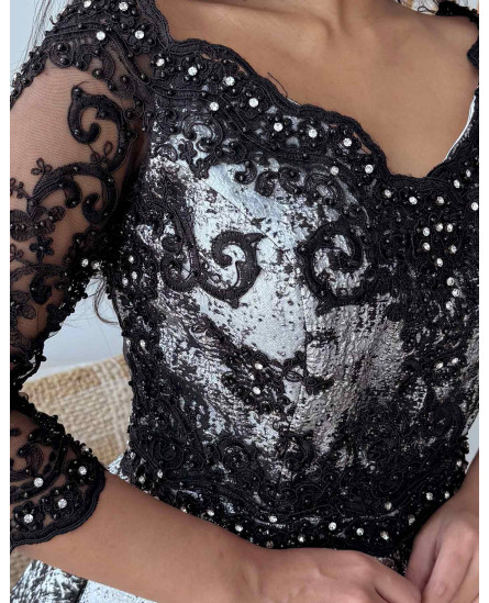 3D Floral Fitted Off Shoulder Gown - Black with Ash