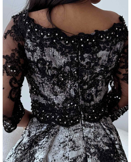 3D Floral Fitted Off Shoulder Gown - Black with Ash