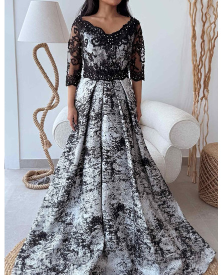 3D Floral Fitted Off Shoulder Gown - Black with Ash