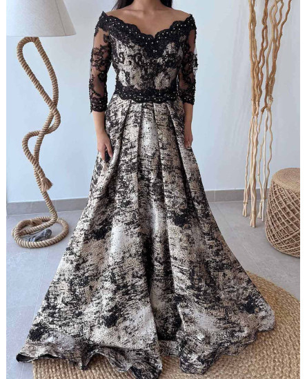 3D Floral Fitted Off Shoulder Gown - Black with Mauve