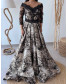 3D Floral Fitted Off Shoulder Gown - Black with Mauve