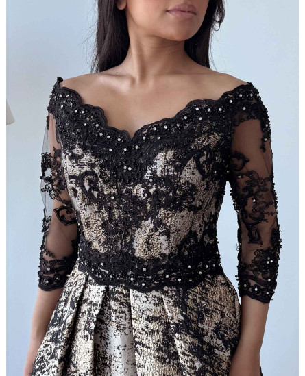 3D Floral Fitted Off Shoulder Gown - Black with Mauve