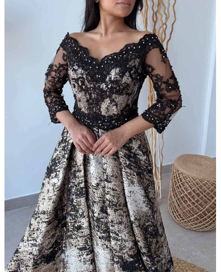 3D Floral Fitted Off Shoulder Gown - Black with Mauve