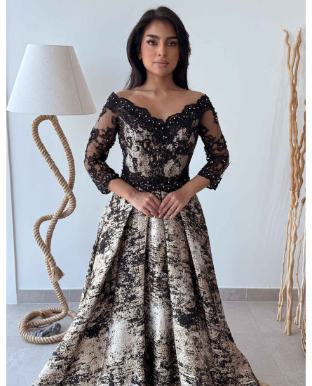 3D Floral Fitted Off Shoulder Gown - Black with Mauve