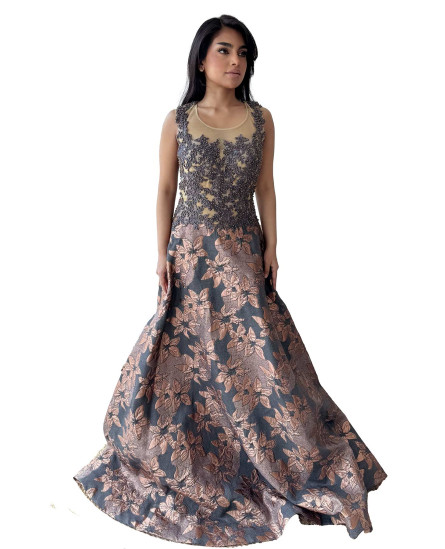 Brocade Gown with Embroidery - Champagne