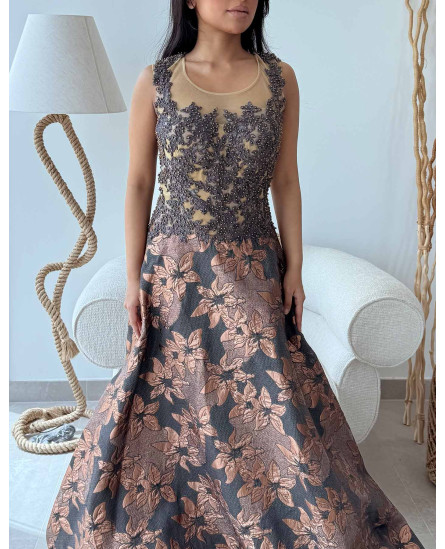 Brocade Gown with Embroidery - Champagne