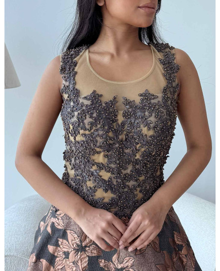 Brocade Gown with Embroidery - Champagne