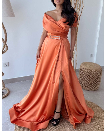 Strapless Neckline Open Shoulder Maxi Length Evening Dress - Orange