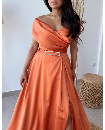 Strapless Neckline Open Shoulder Maxi Length Evening Dress - Orange
