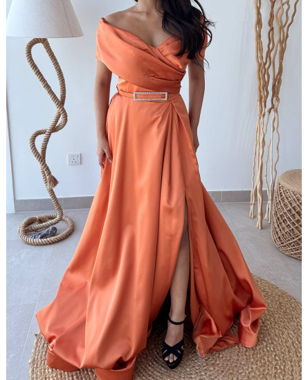 Strapless Neckline Open Shoulder Maxi Length Evening Dress - Orange