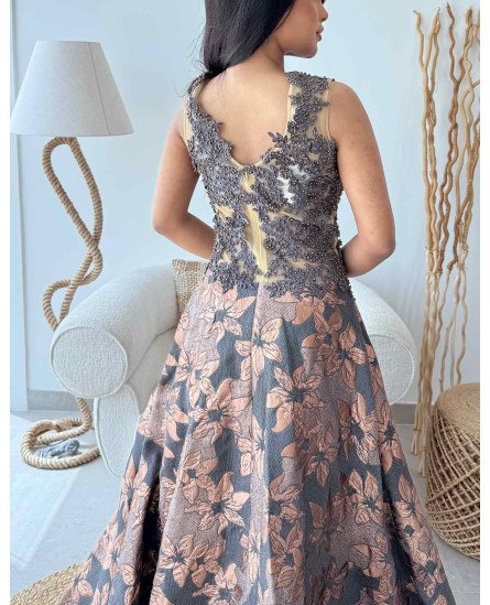 Brocade Gown with Embroidery - Champagne