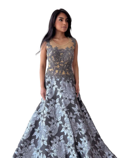 Brocade Gown with Embroidery - Ash Grey