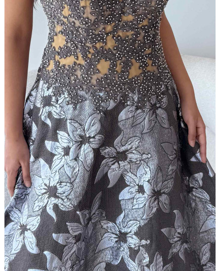 Brocade Gown with Embroidery - Ash Grey